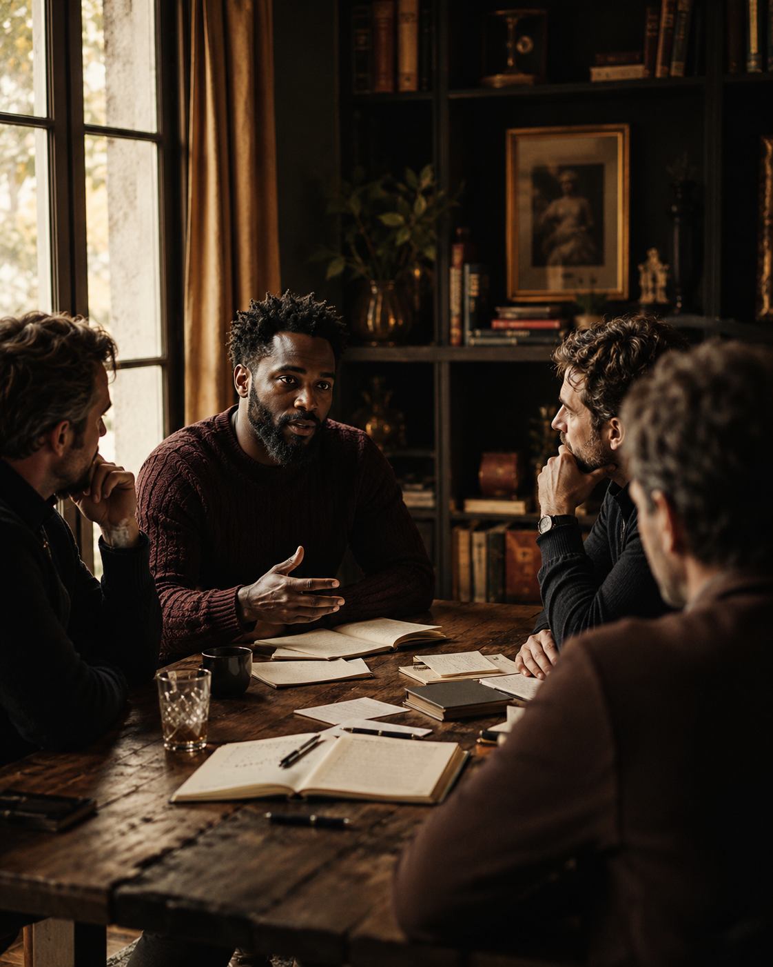 Three or four adults in thoughtful conversation around a timber table.