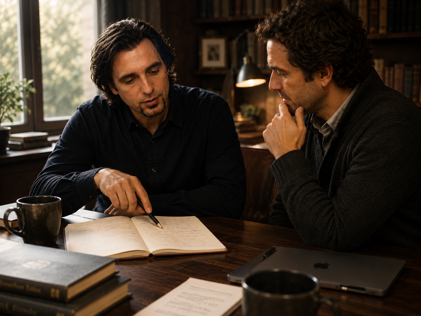 Two peers reviewing a plan together at a table, with one pointing carefully to a notebook while the other listens.