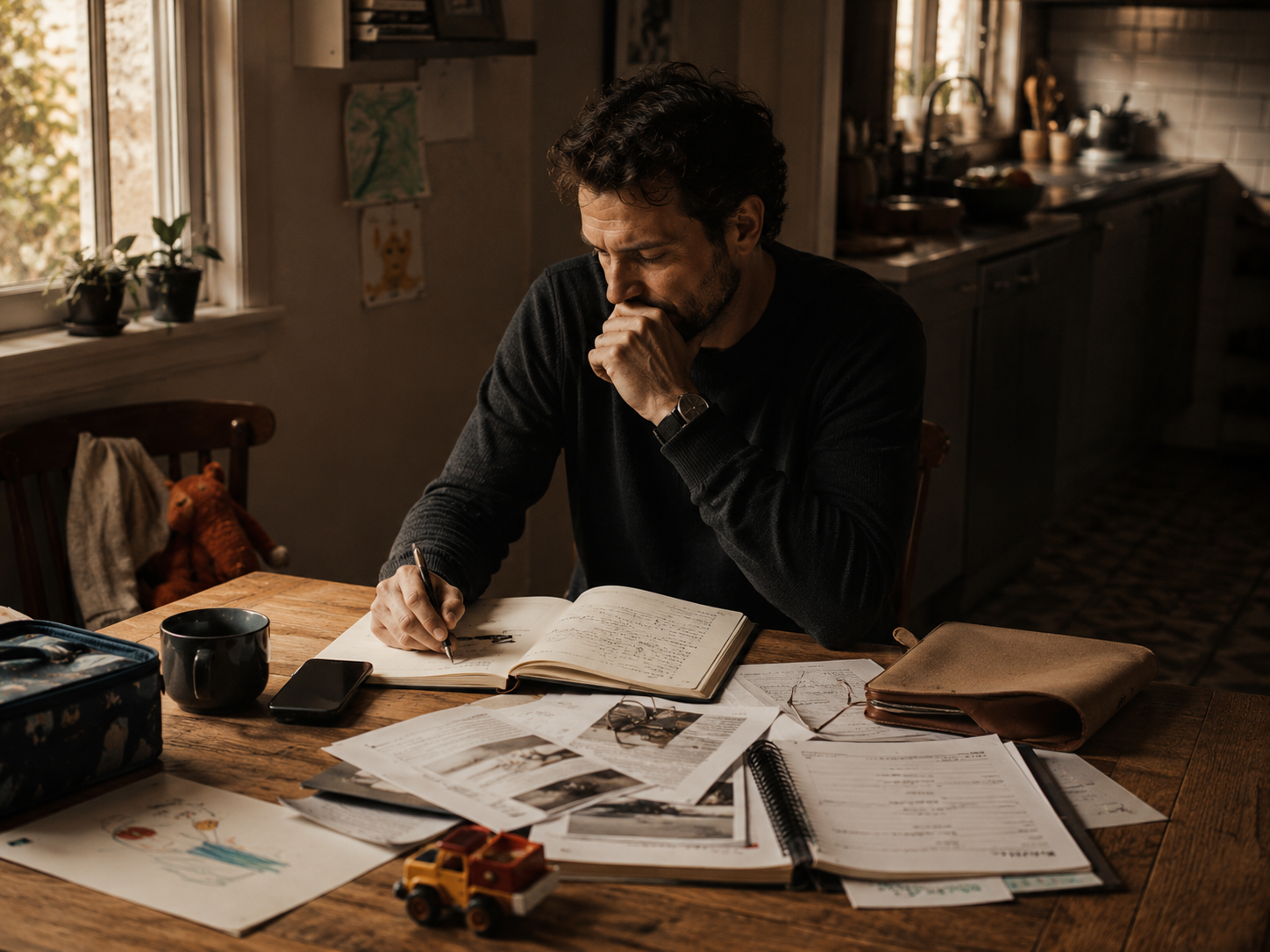 A thoughtful adult at a late-week table with an open notebook and competing responsibilities.