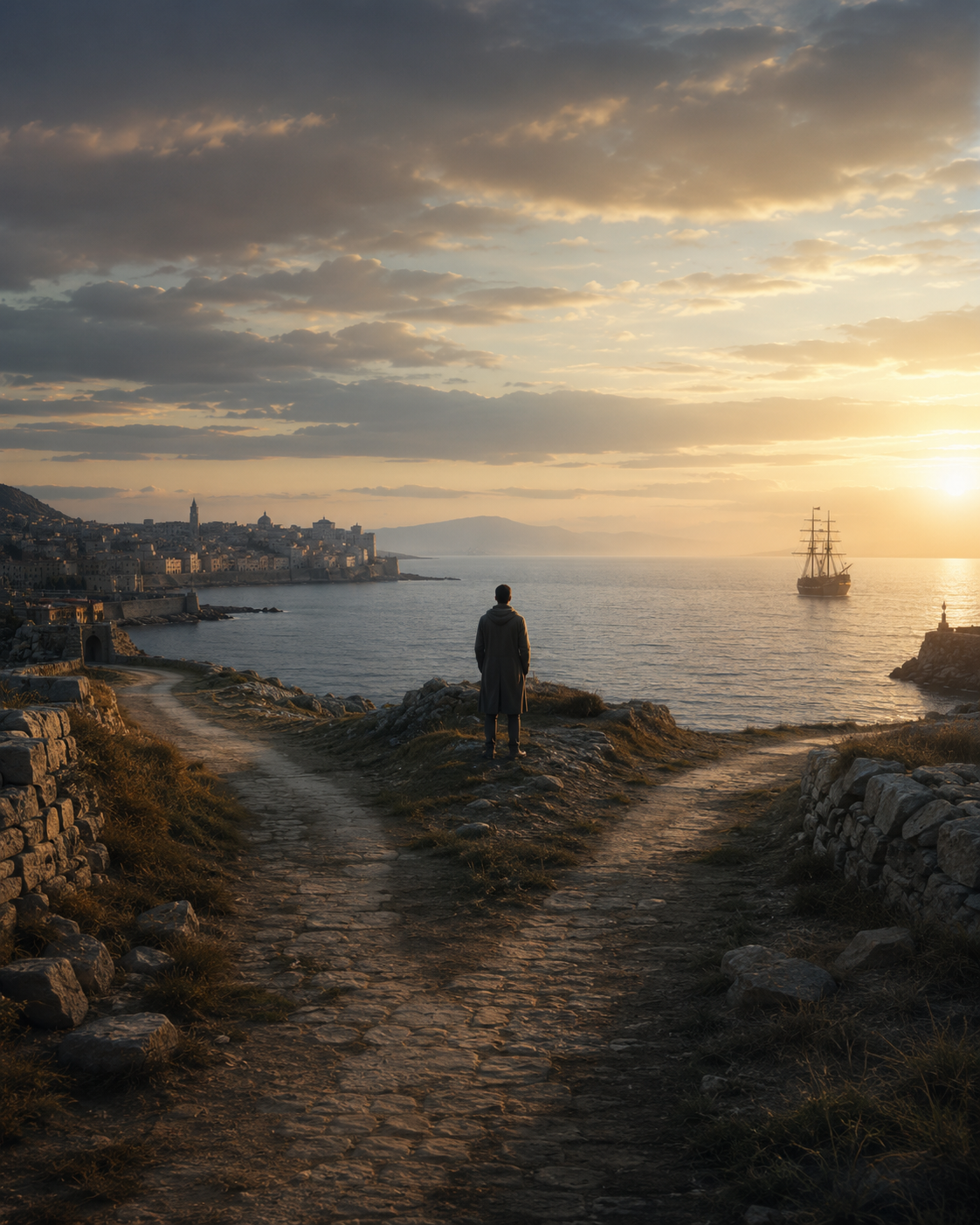 A solitary figure at a coastal fork between a distant city and a departing ship.