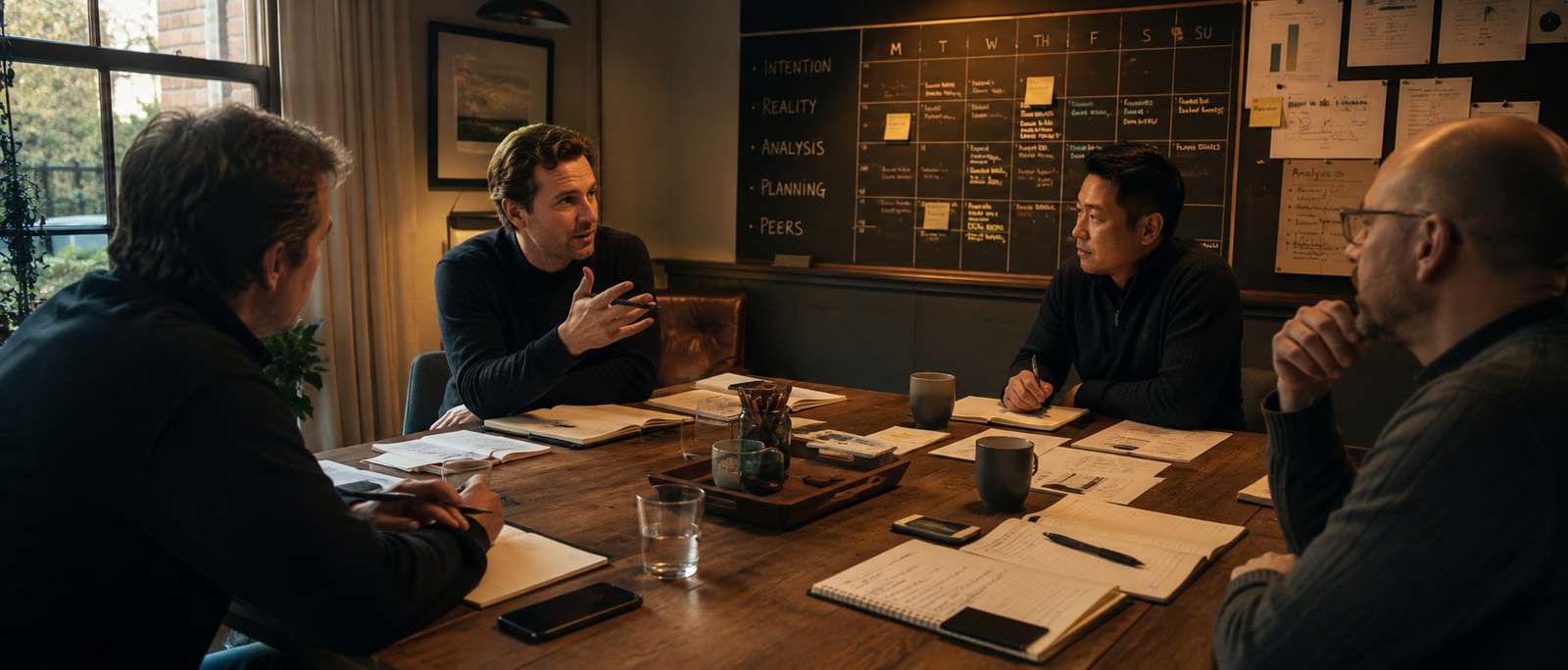 AQMeets members reviewing intentions, reality, analysis, planning and peers around a table.