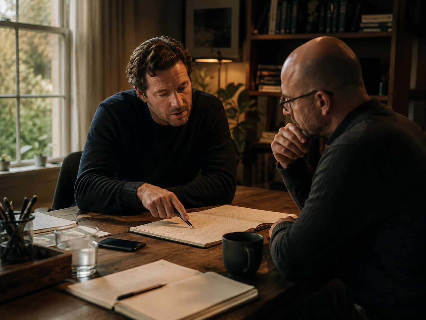 Two peers continuing a thoughtful conversation over notebooks in a quiet study.