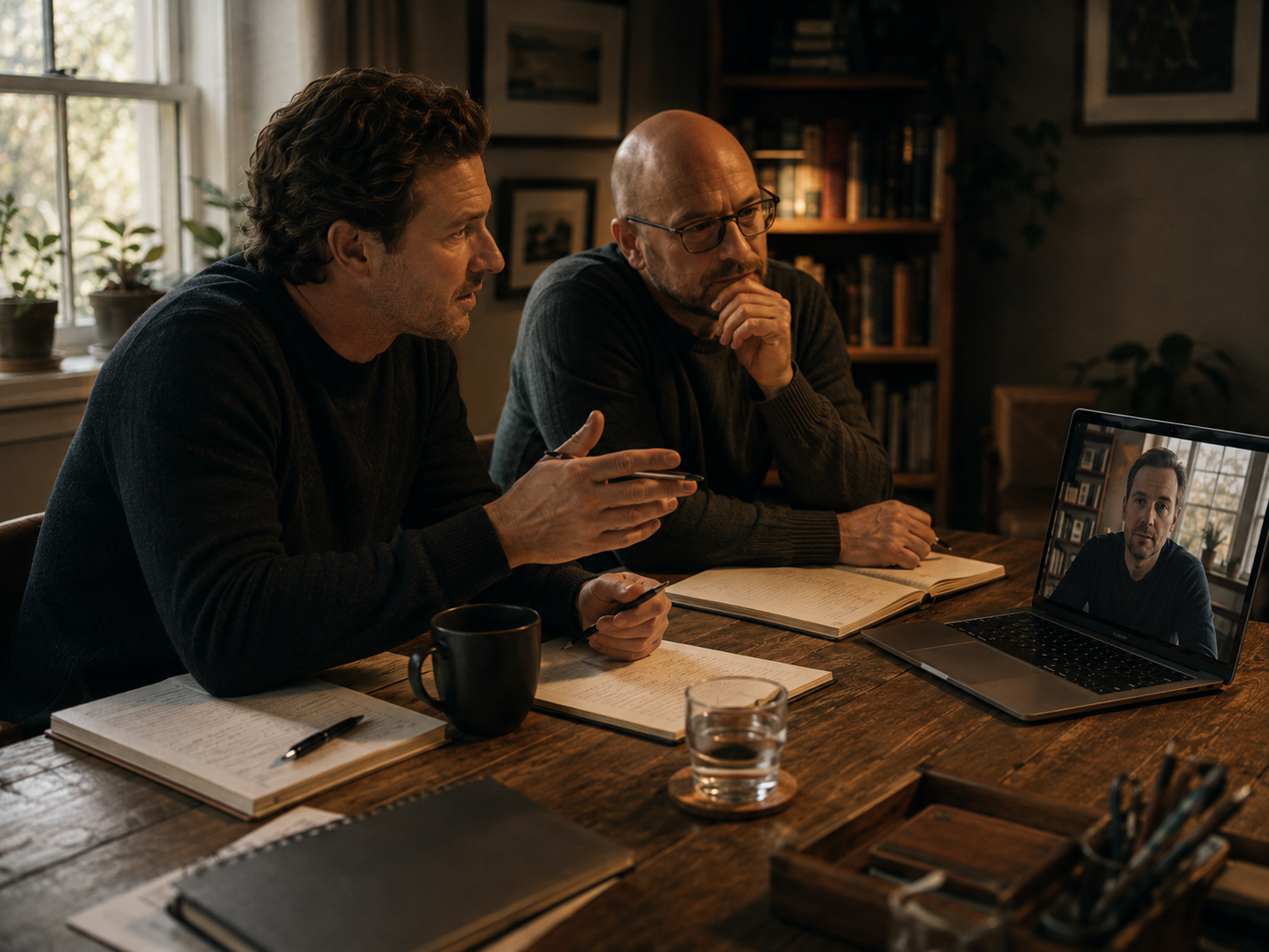 Two people in a real room speaking with another peer through a laptop.