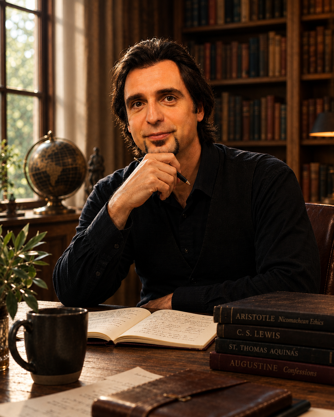 John Angheli seated in a warm study with books and an open notebook.