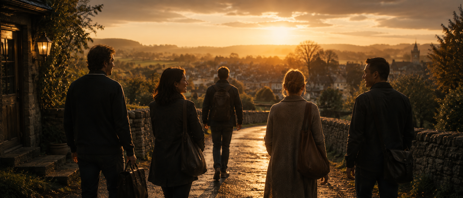 Several people leaving a gathering and returning toward a town at first light.