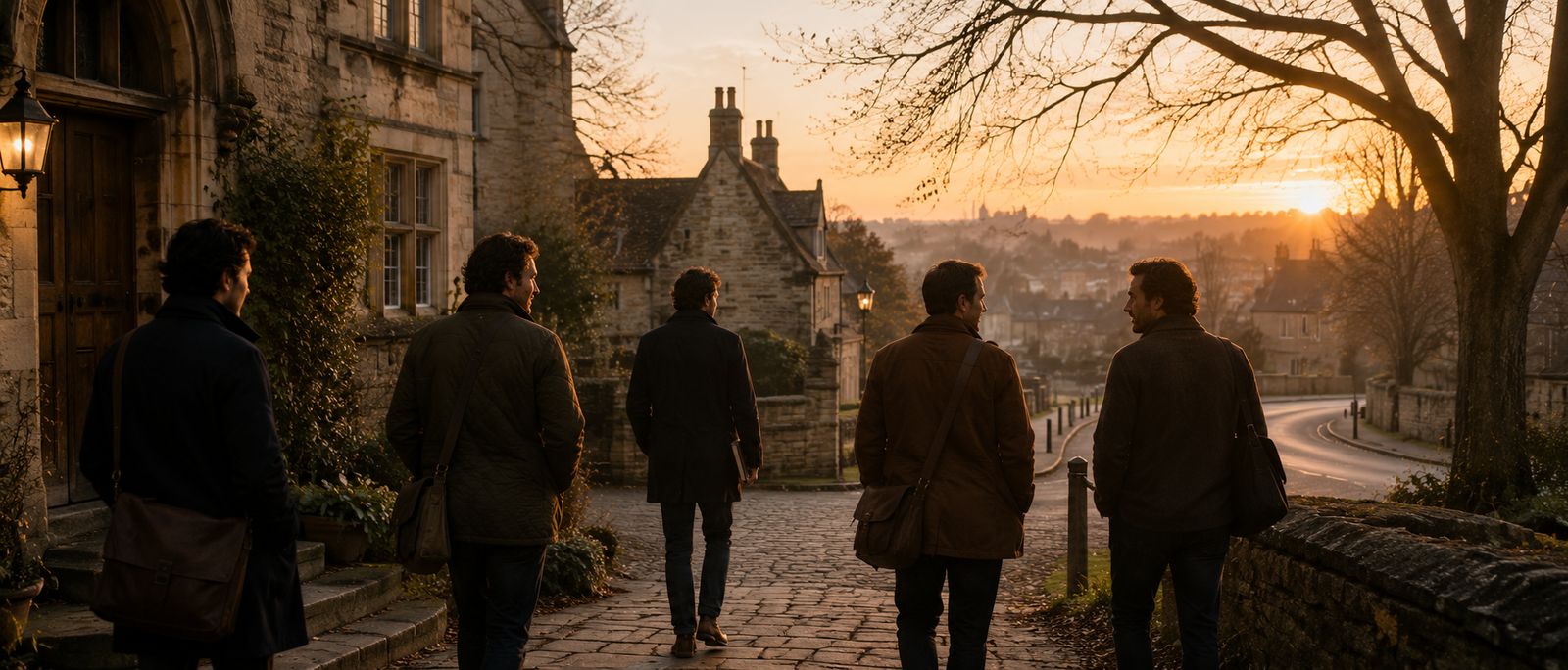 A small fellowship leaving a thoughtful gathering and returning toward ordinary responsibilities at first light.