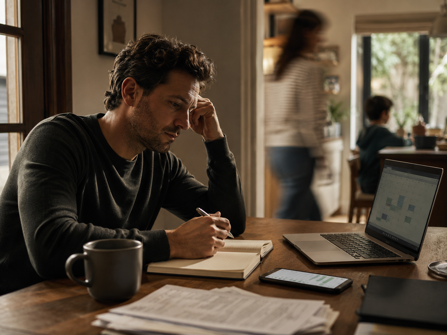 A thoughtful adult surrounded by signs of digital and professional connection yet sitting alone with an unfinished notebook.