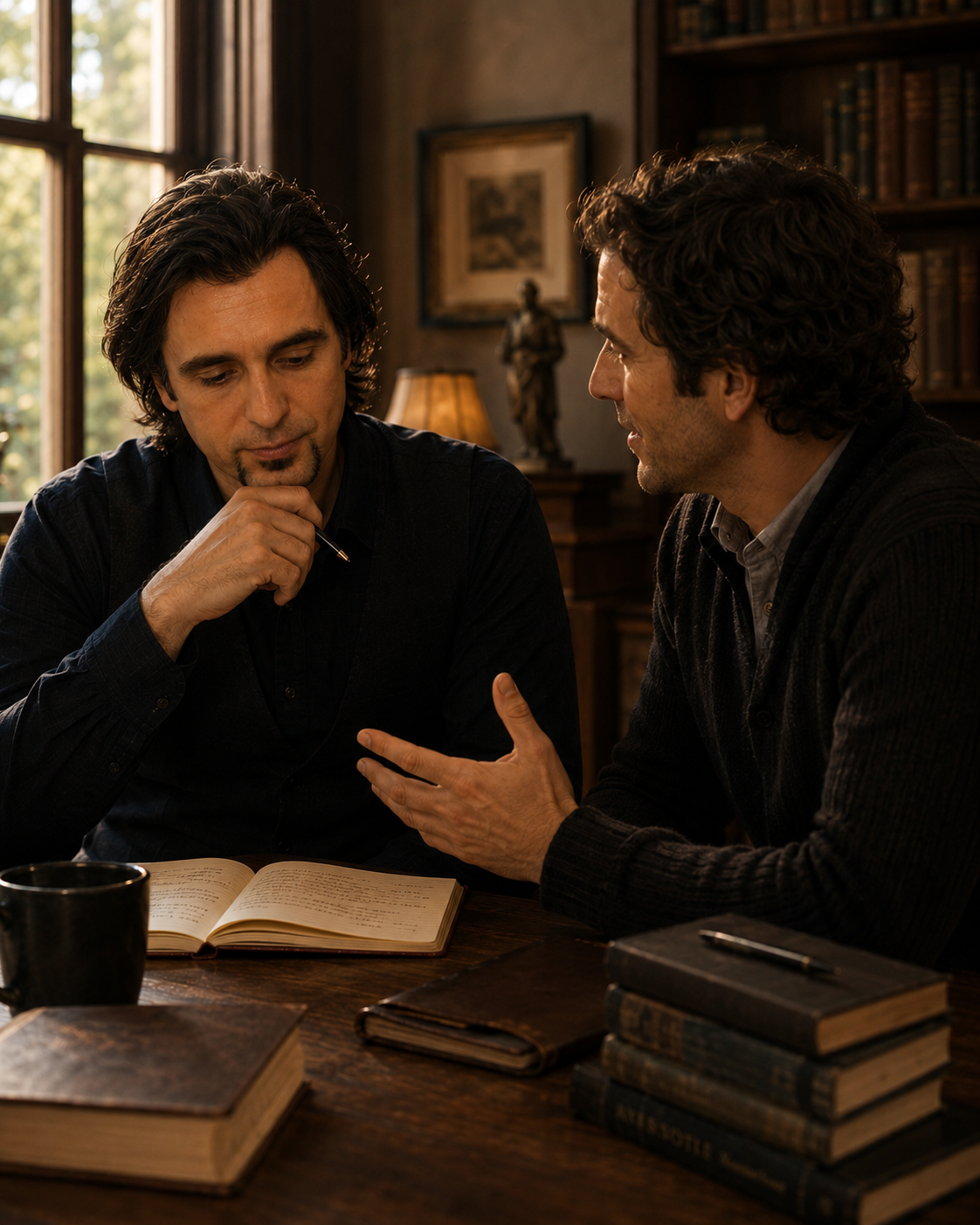 Two trusted peers in a quiet study, one asking a careful question while the other reflects.