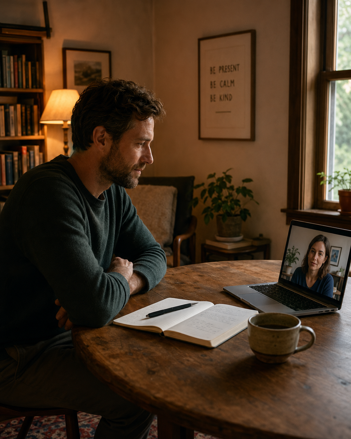A person on a video call with a trusted peer, with the living relationship more important than the device.