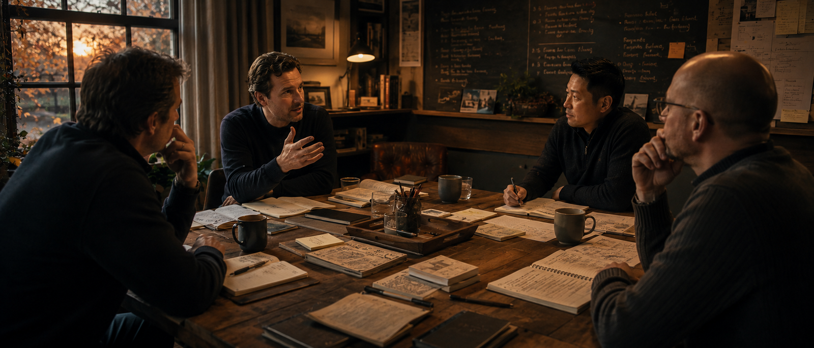The same small group returning around a familiar table across repeated conversations.