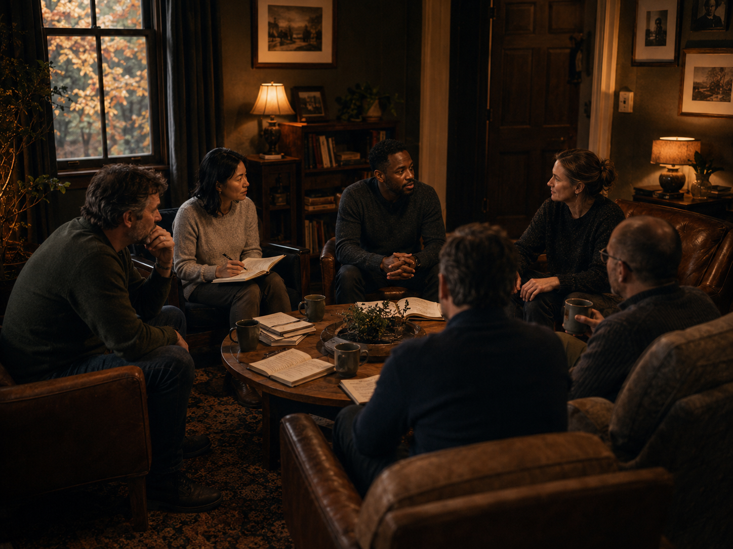 A modest circle of members in a private room designed for careful conversation.