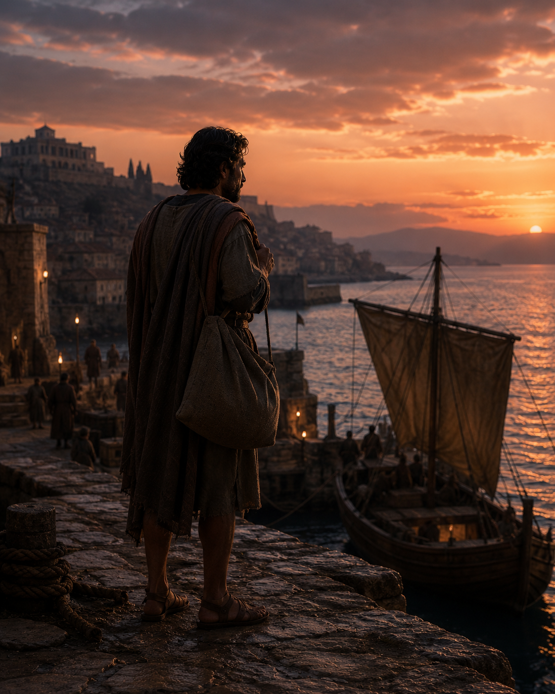 Jonah standing at an ancient harbour at dusk, facing the choice between Nineveh and a departing ship.