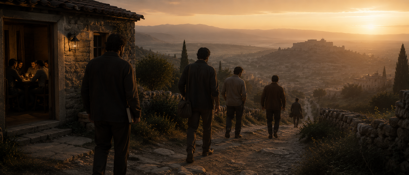 A small fellowship leaving a quiet gathering and returning toward ordinary responsibilities at dawn.
