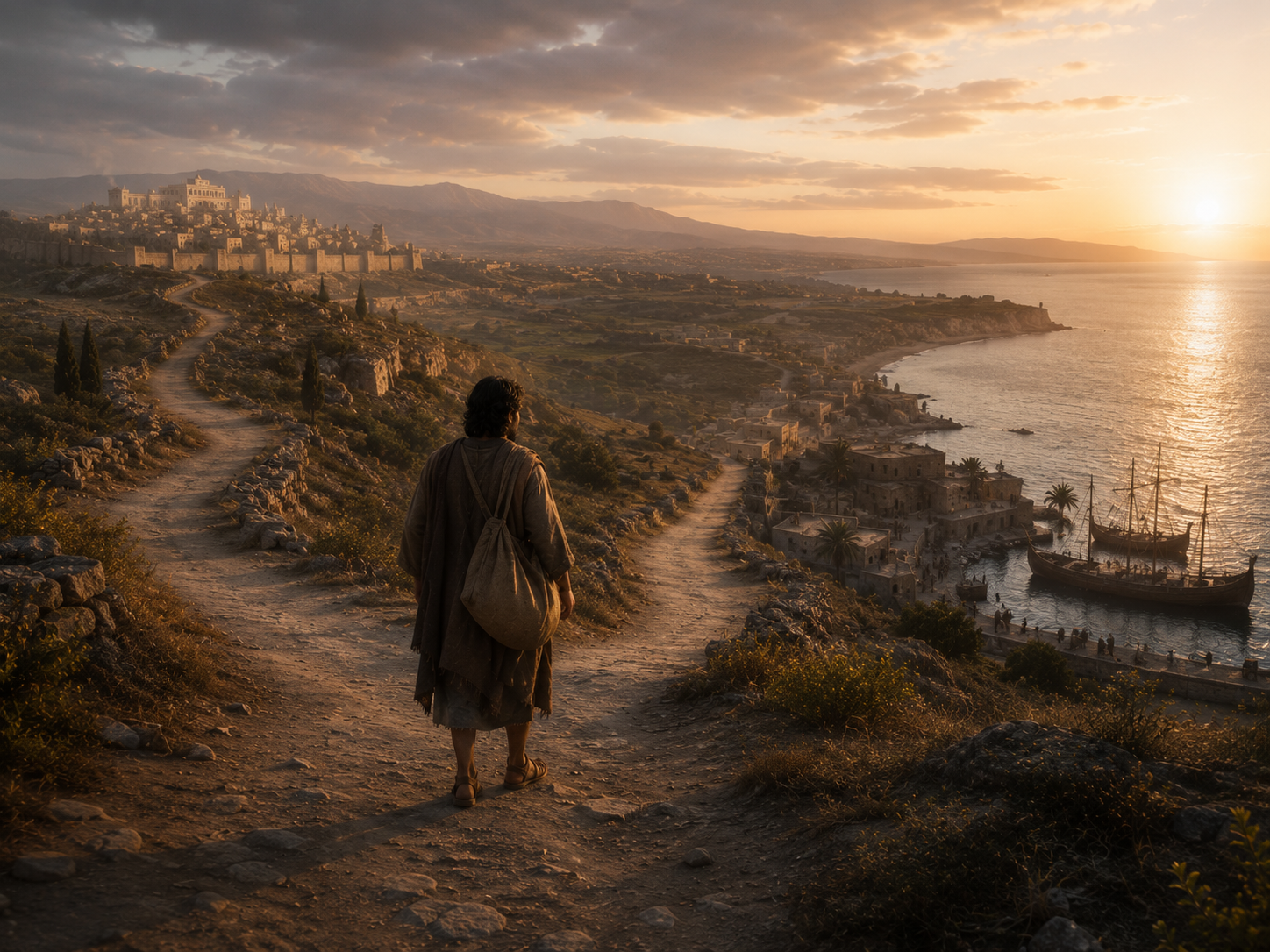An ancient landscape with a road toward Nineveh and a coastal route toward ships bound elsewhere.
