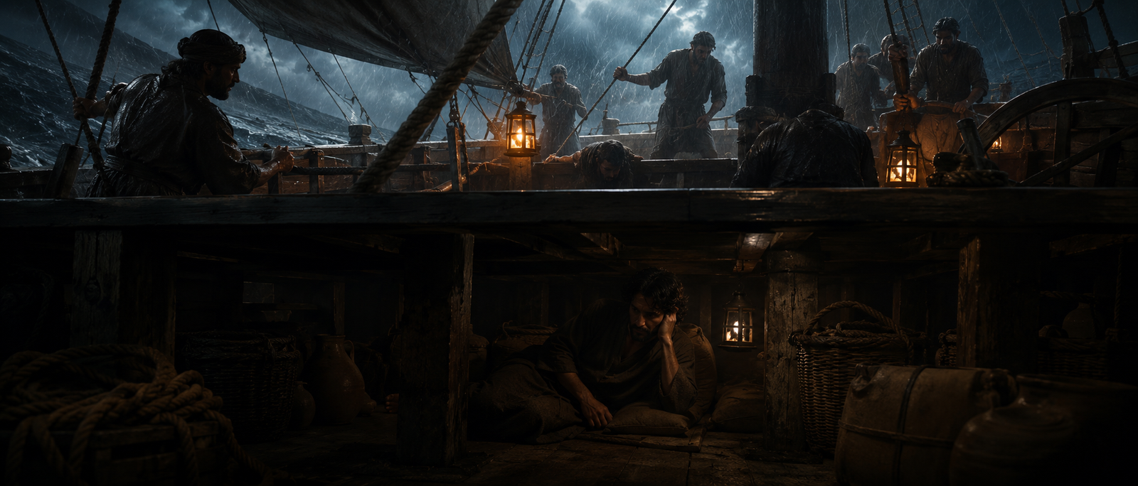 Jonah below deck in an ancient vessel during a storm while sailors struggle above.