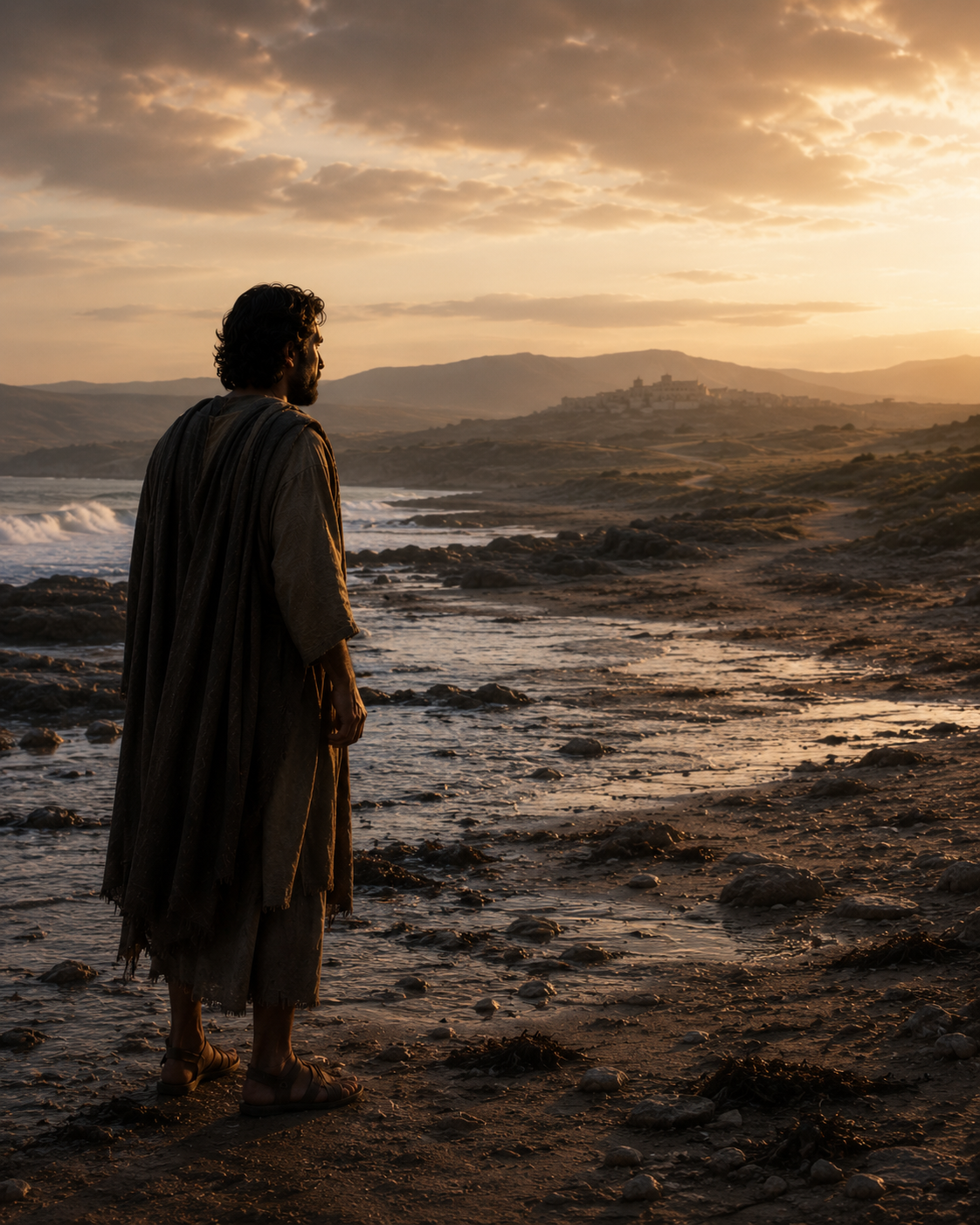 Jonah standing on shore at first light after being returned from the sea, with Nineveh inland.