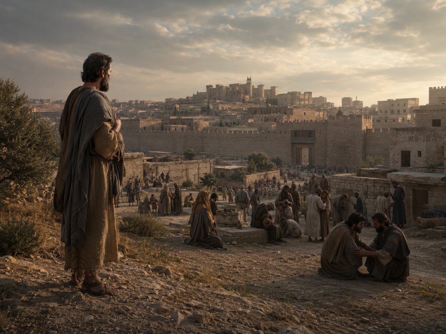 The ancient city of Nineveh responding in humility while Jonah watches from the edge.