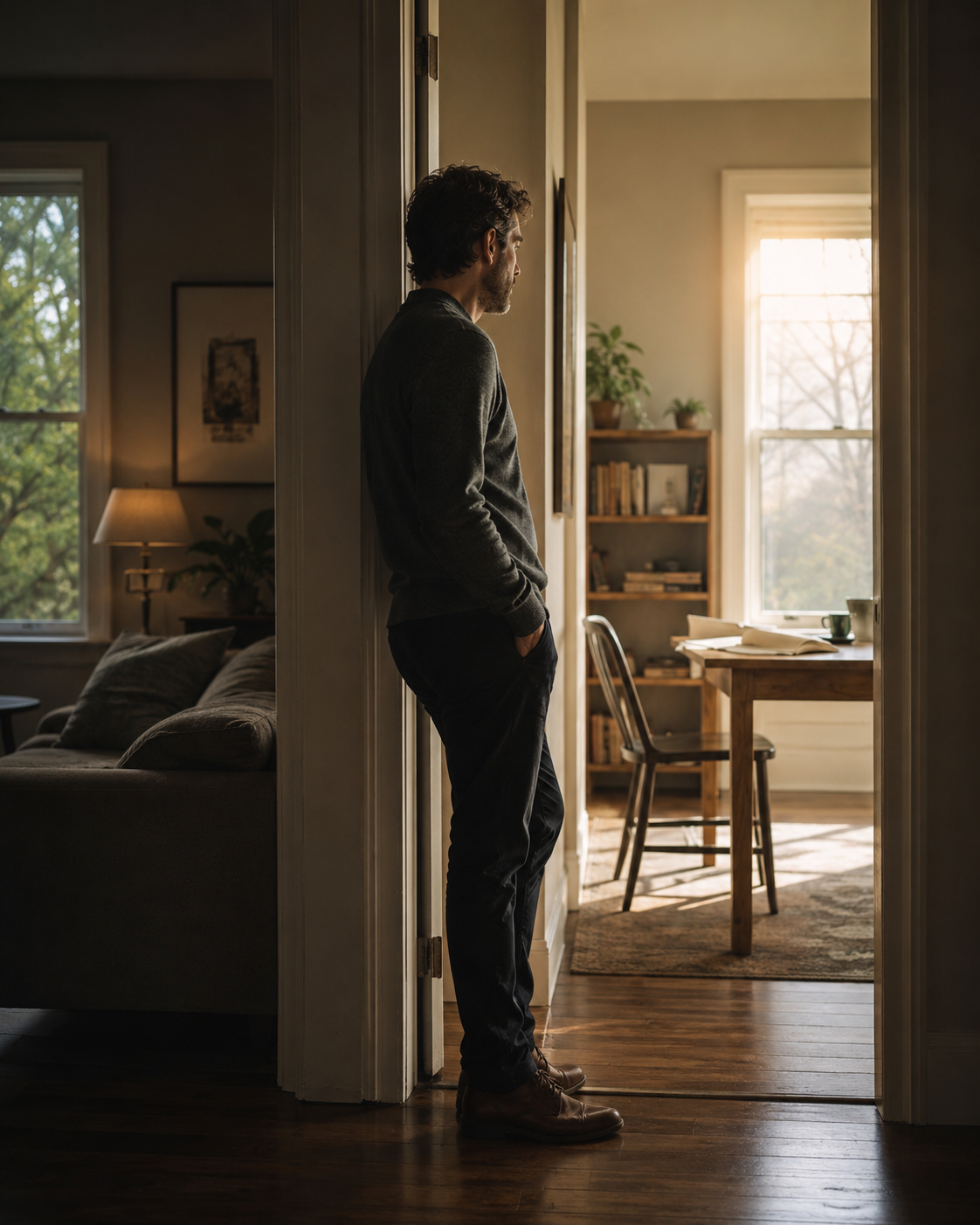 A modern adult pausing at the threshold of a meaningful responsibility and stepping back from possibility.
