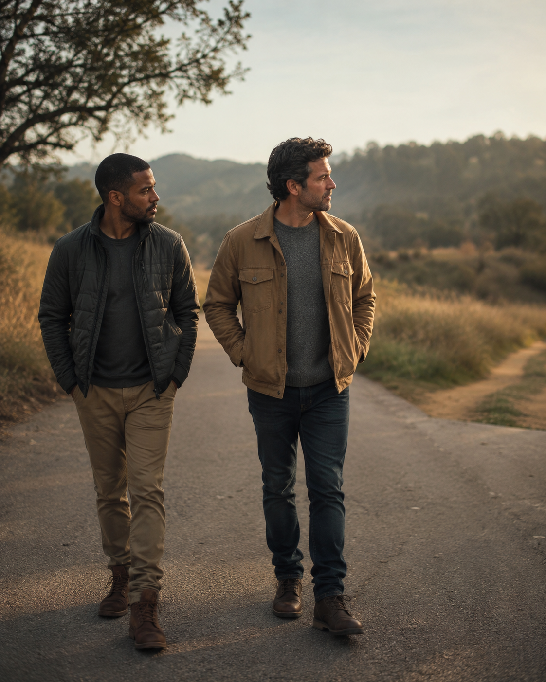 Two peers walking side by side, one noticing a diverging direction and offering counsel without control.
